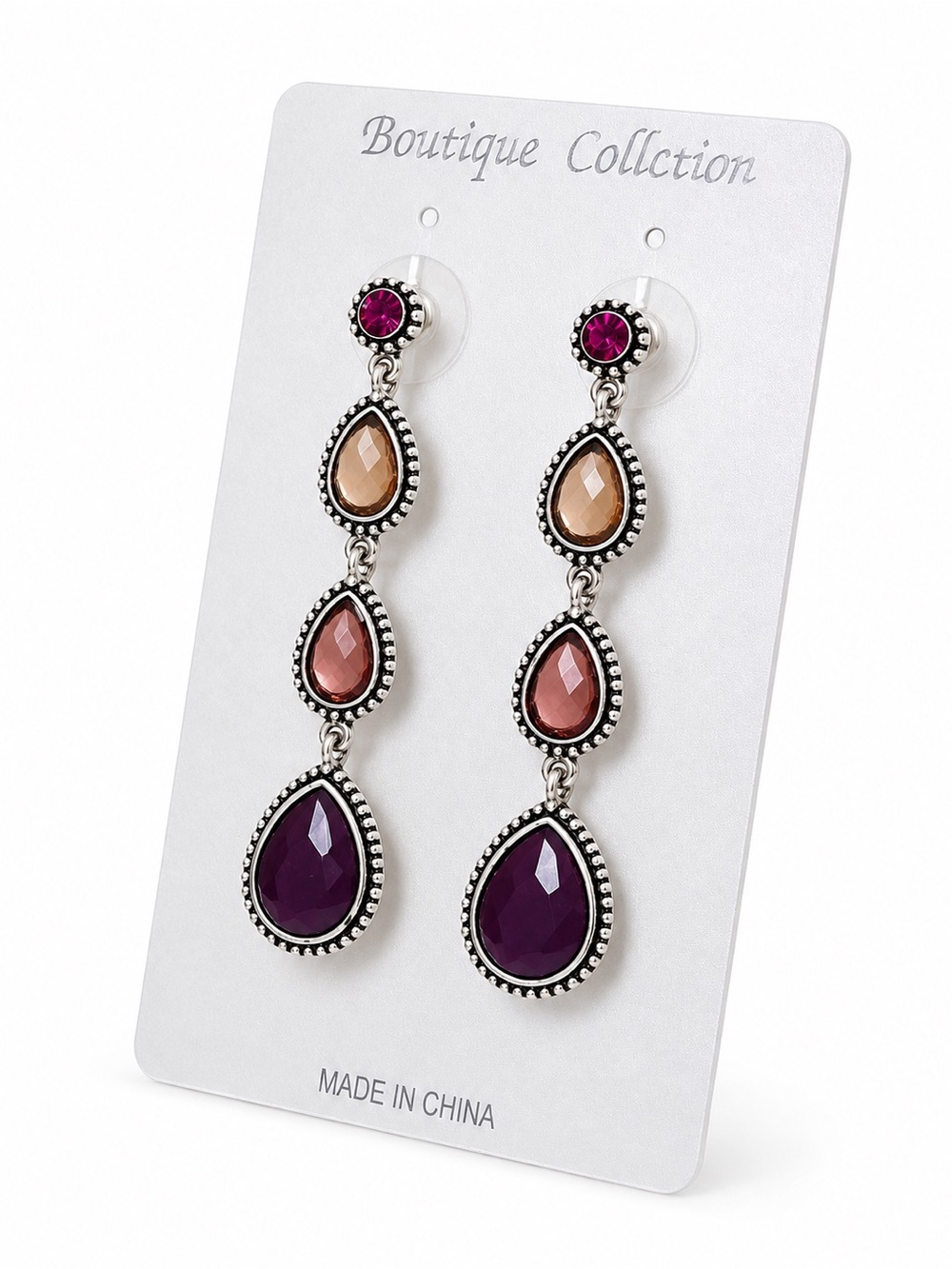 Boho Purple Pink Teardrop Statement Drop Earrings Silver Tone Boutique Chic NWT - Picture 3 of 5